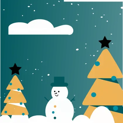 Eine Grafik mit zwei geschmückten Weihnachtsbäumen und einem Schneemann.