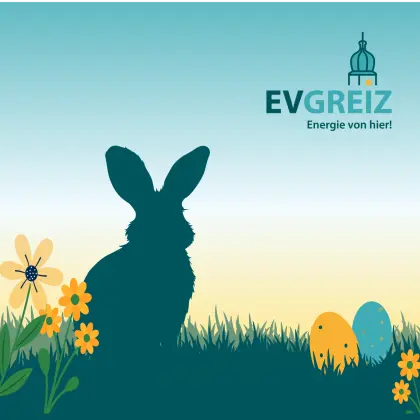Ein Osterhase auf einer bunten Frühlingswiese mit Eiern in den Farben der EV Greiz.